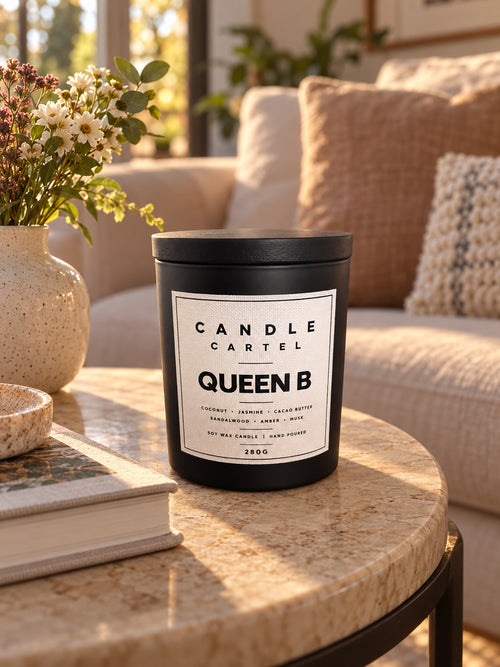 Queen B 280g soy candle by The Candle Cartel in a warm living room